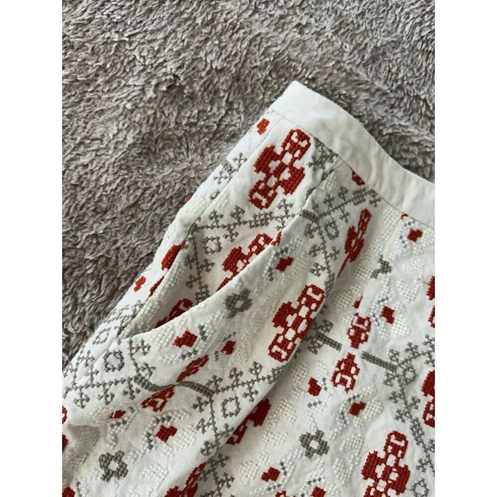 Maeve Cotton Embroidered Skirt Pompom Hem Lined Anthropologie Size 12 Cream Red